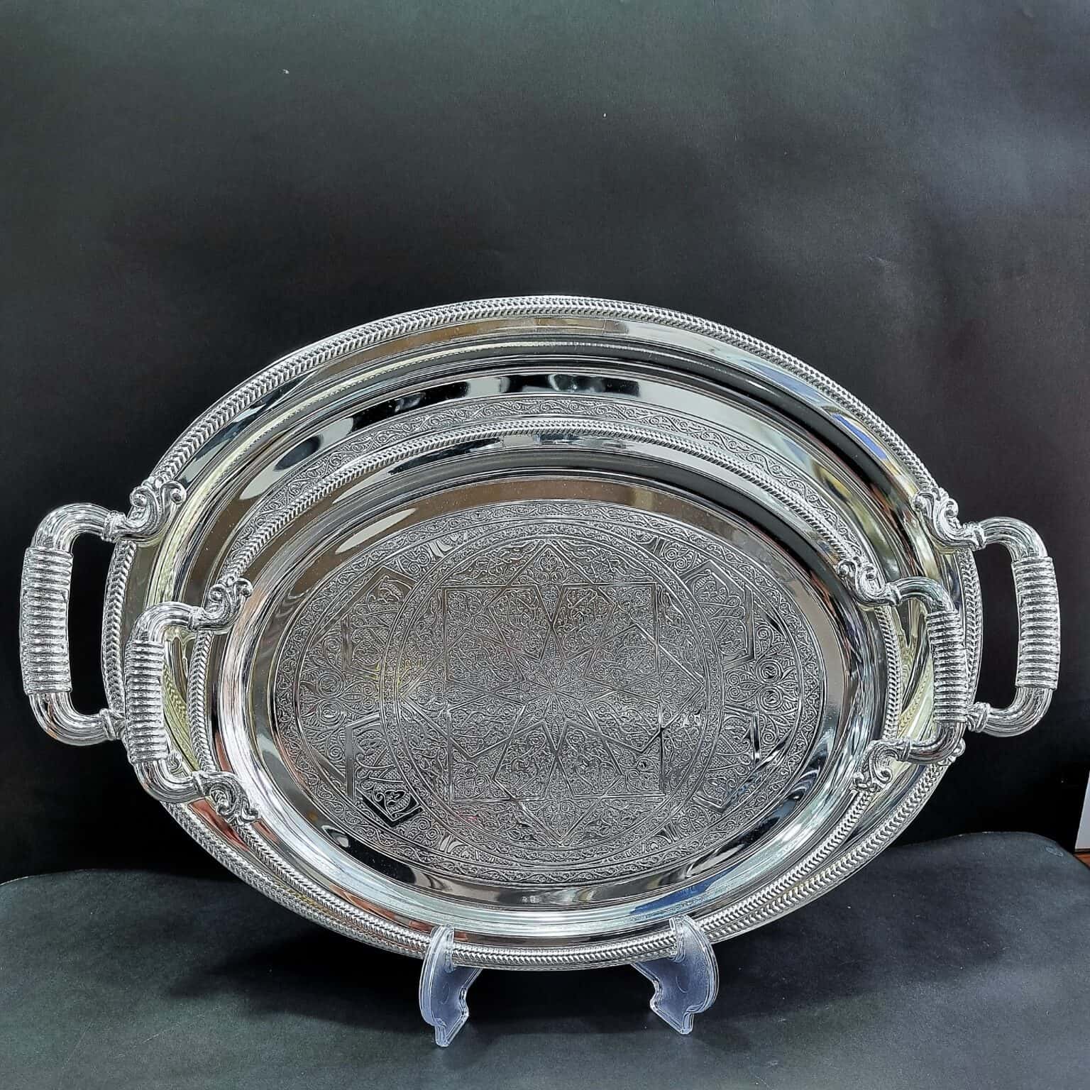 سینی جفتی بیضی نقره ای داخل طرح دار