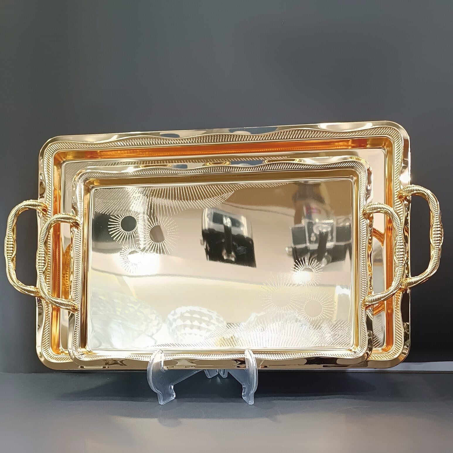 سینی استیل جفتی طلایی طرح رز