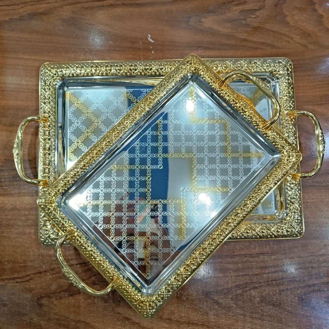 سینی تمام استیل وارداتی مستطیل فریم طلایی دسته رز thumbnail 1