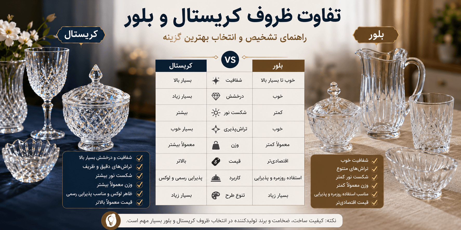 تفاوت ظروف کریستال و بلور چیست؟ | راهنمای تشخیص و خرید